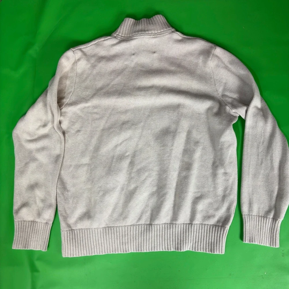 Eddie Bauer 1/4 Zip Sweater Mens L Beige/Blue Cotton Striped Pullover Mock Neck